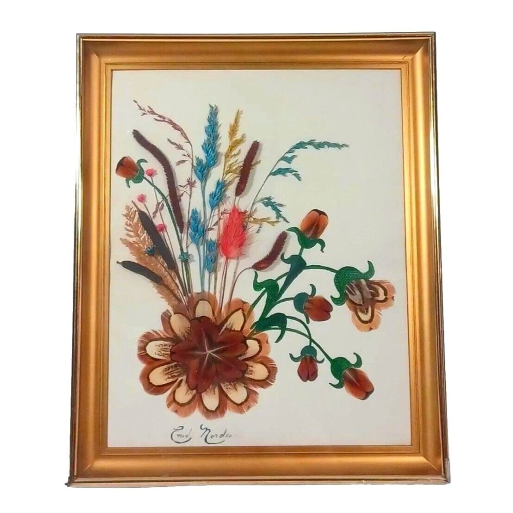 Vintage Mid Century Butterfly  Moth Wing Dried Flower Art Enid Nordeen F…